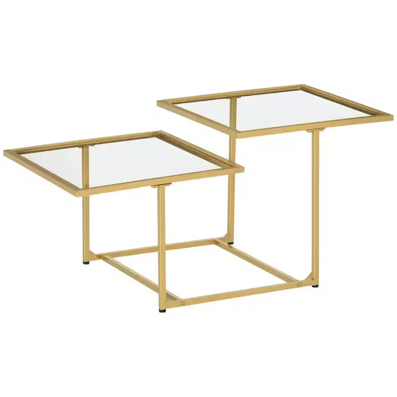 Coffee Table, Tempered Glass Coffee Table with 2 Square Tabletops, Modern Coffee Tables for Living Room, Bedroom