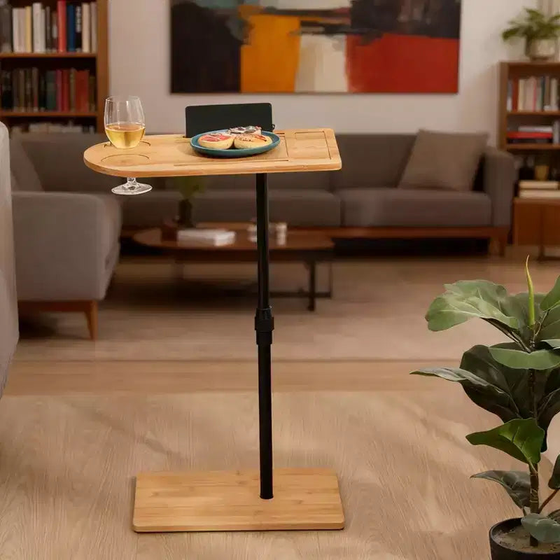 Mesas auxiliares de bambú con altura ajustable para sofá, mesas auxiliares ovaladas de metal en forma de C con ranuras para sala de estar y dormitorio, montaje sencillo, natural
