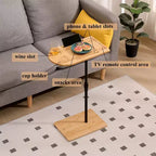 Mesas auxiliares de bambú con altura ajustable para sofá, mesas auxiliares ovaladas de metal en forma de C con ranuras para sala de estar y dormitorio, montaje sencillo, natural