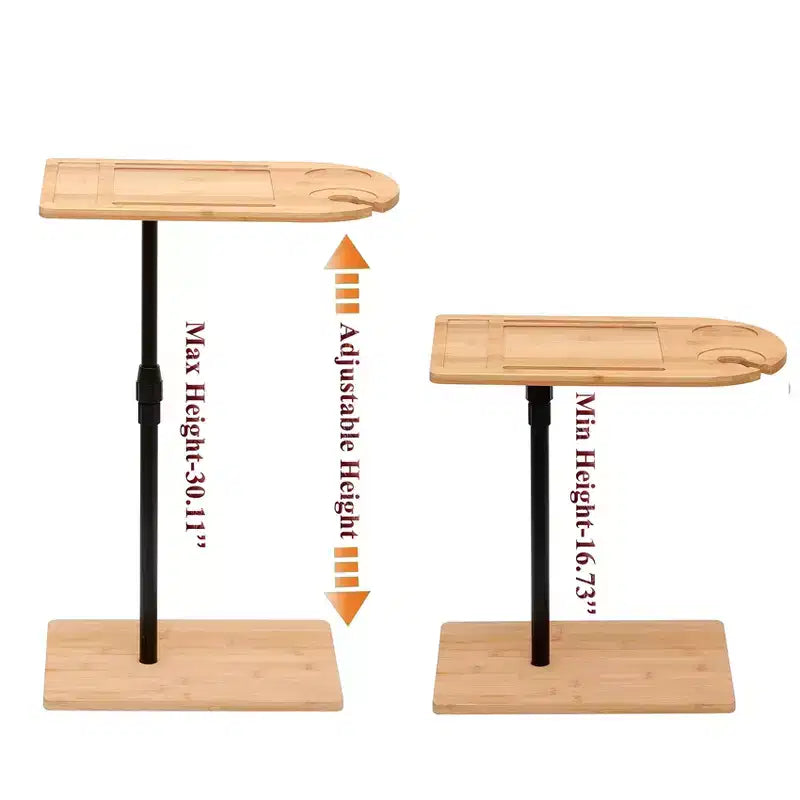 Mesas auxiliares de bambú con altura ajustable para sofá, mesas auxiliares ovaladas de metal en forma de C con ranuras para sala de estar y dormitorio, montaje sencillo, natural
