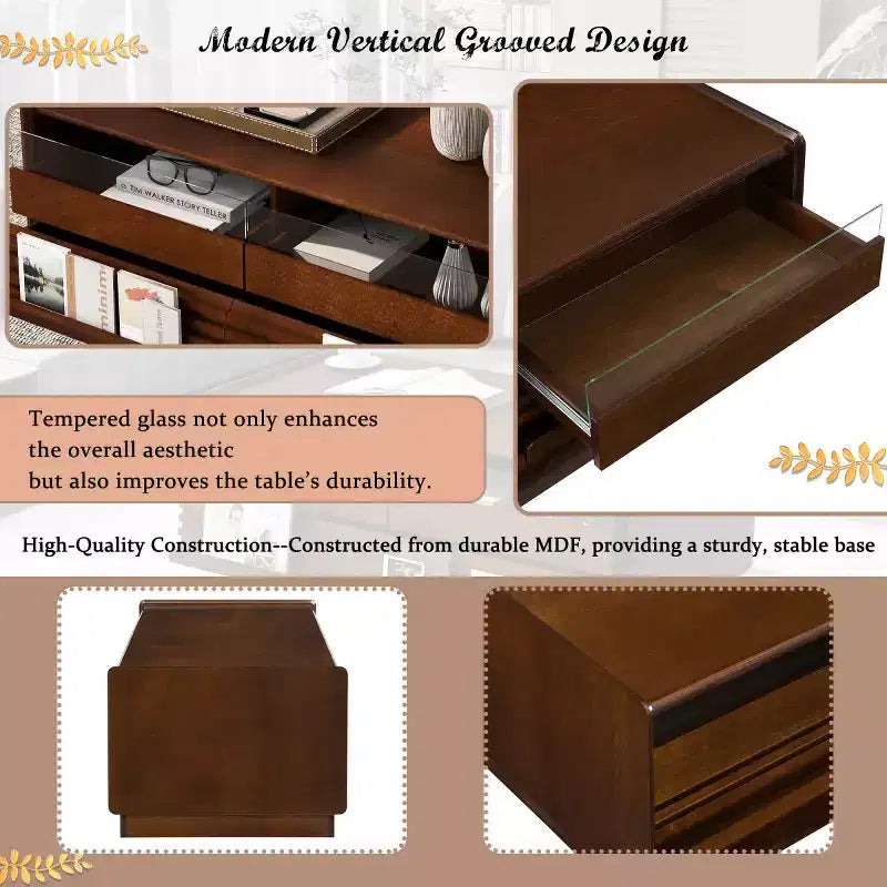 47.2 Mesa de centro rectangular moderna con 4 cajones, 2 estantes de exhibición y tapa de vidrio templado - Panipeachy