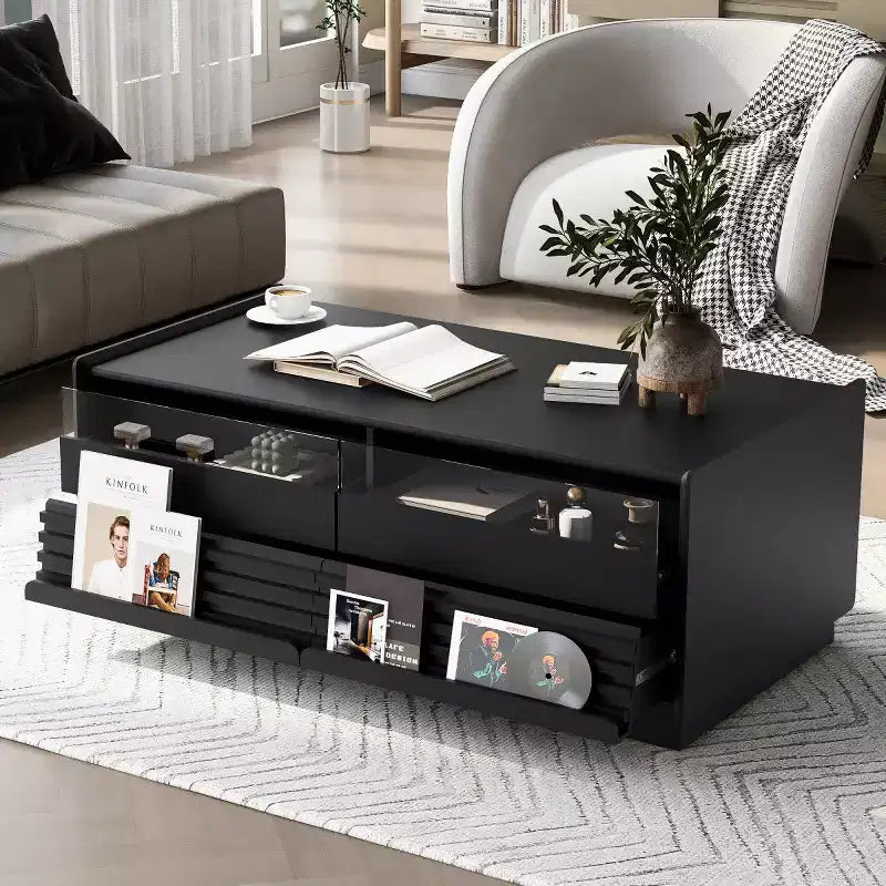 47.2 Mesa de centro rectangular moderna con 4 cajones, 2 estantes de exhibición y tapa de vidrio templado - Panipeachy