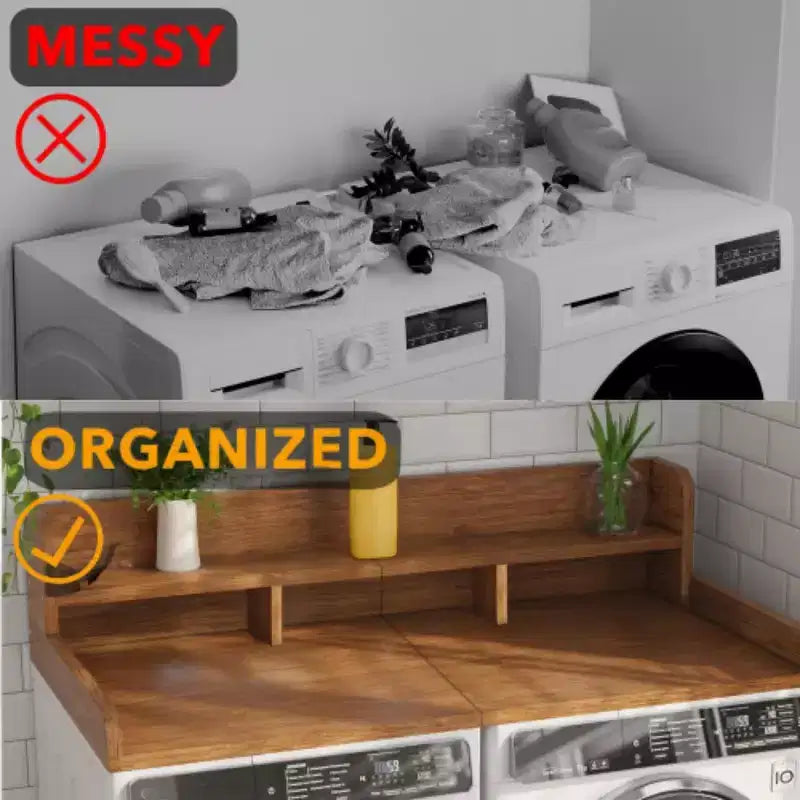 Encimera para lavadora secadora, encimera de madera para lavandería, organizador de doble capa de profundidad para secadora, cesta de ropa sucia, organización de almacenamiento en encimera