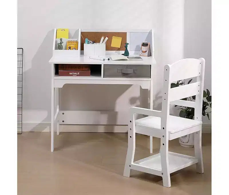 Juego de escritorio y silla para niños, mesa de estudio de madera con contenedores de almacenamiento, estantería, tablón de anuncios y portalápices, mesa de escritura para niños y niñas