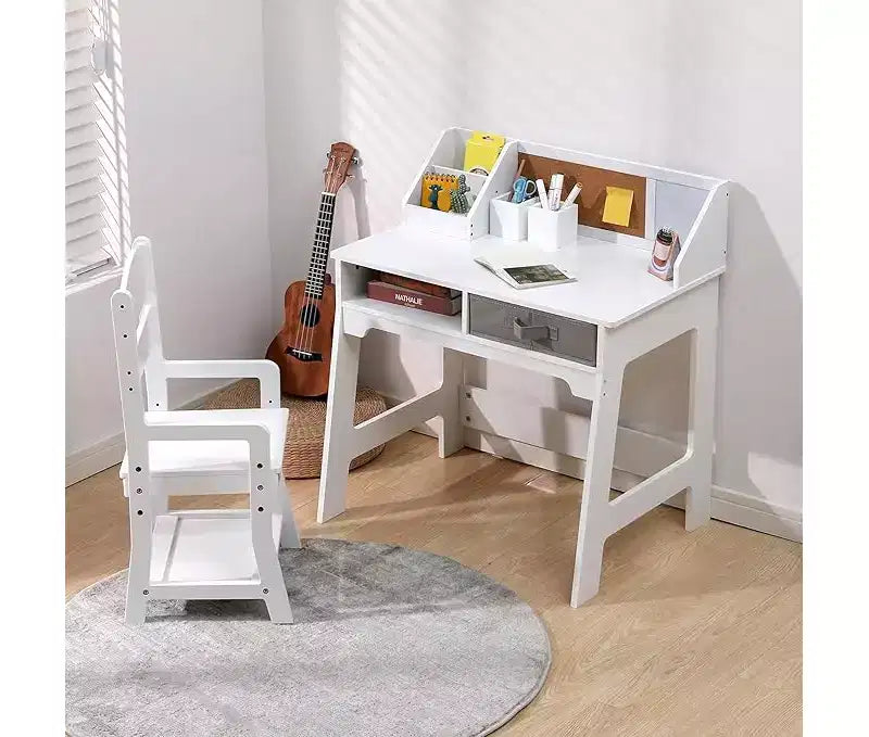 Juego de escritorio y silla para niños, mesa de estudio de madera con contenedores de almacenamiento, estantería, tablón de anuncios y portalápices, mesa de escritura para niños y niñas