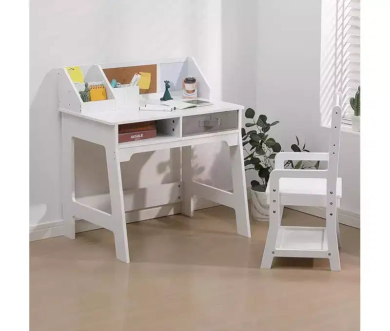 Juego de escritorio y silla para niños, mesa de estudio de madera con contenedores de almacenamiento, estantería, tablón de anuncios y portalápices, mesa de escritura para niños y niñas