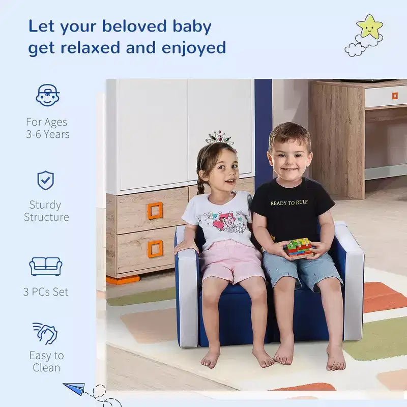 Juego de sofá para niños 2 en 1 multifuncional, juego de mesa y sillas para niños pequeños, sofá de 2 asientos, caja de almacenamiento suave y resistente