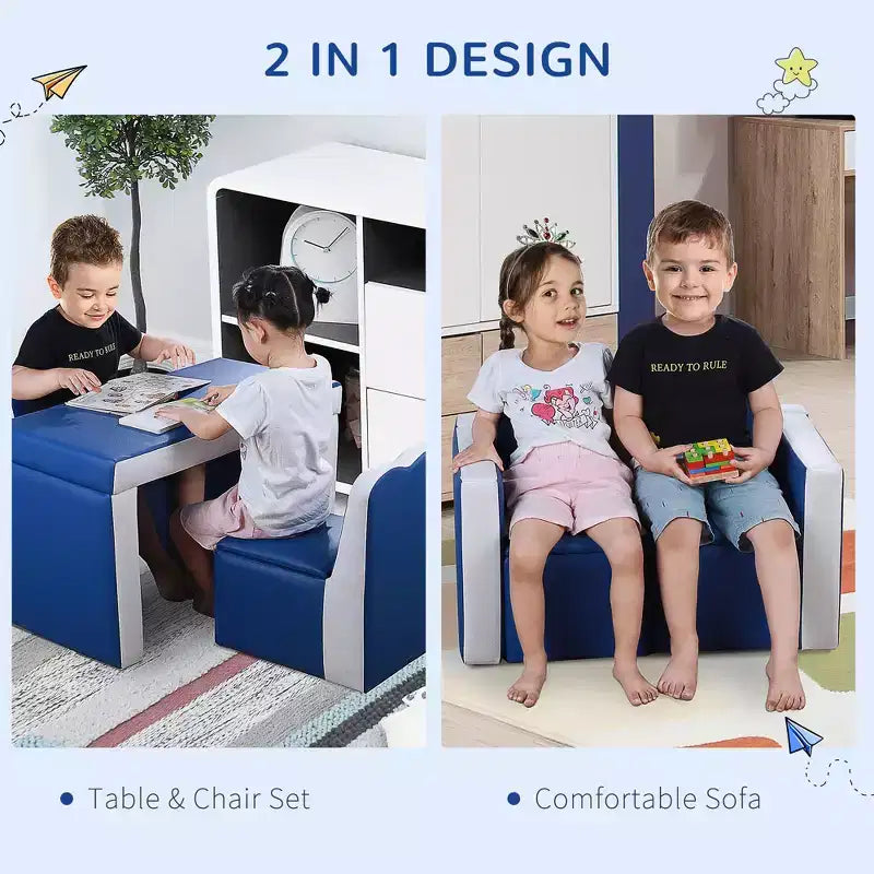 Juego de sofá para niños 2 en 1 multifuncional, juego de mesa y sillas para niños pequeños, sofá de 2 asientos, caja de almacenamiento suave y resistente