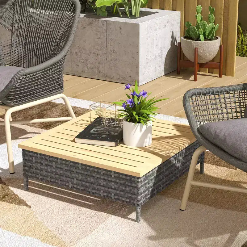 Mesa auxiliar para exteriores con ratán PE, mesa auxiliar de patio con parte superior de madera de abeto natural, mesa decorativa resistente a la intemperie para patio, piscina, porche