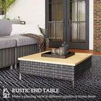 Mesa auxiliar para exteriores con ratán PE, mesa auxiliar de patio con parte superior de madera de abeto natural, mesa decorativa resistente a la intemperie para patio, piscina, porche