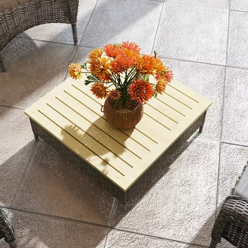 Mesa auxiliar para exteriores con ratán PE, mesa auxiliar de patio con parte superior de madera de abeto natural, mesa decorativa resistente a la intemperie para patio, piscina, porche