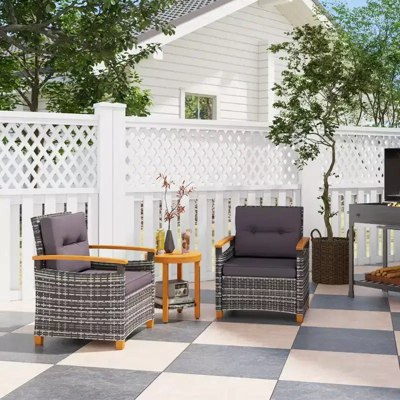 Juego de bistró para exteriores, muebles de patio de mimbre con cojines para porche, jardín