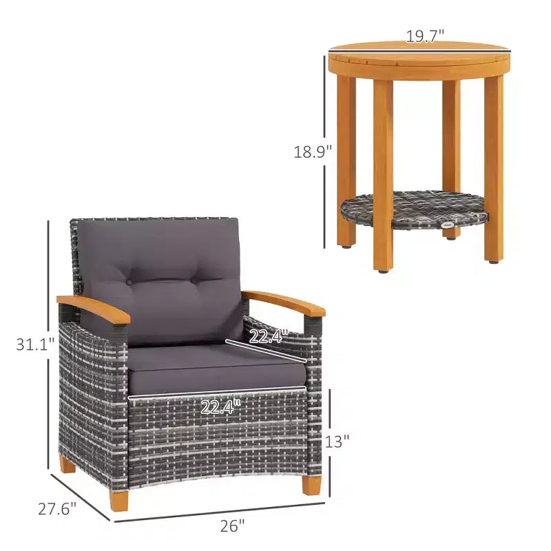Juego de bistró para exteriores, muebles de patio de mimbre con cojines para porche, jardín