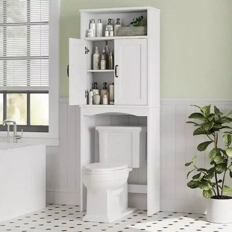 Over Toilet Storage Cabinet Space Saver Shelf White Bathroom Organizer with Adjustable Shelf and Double Doors