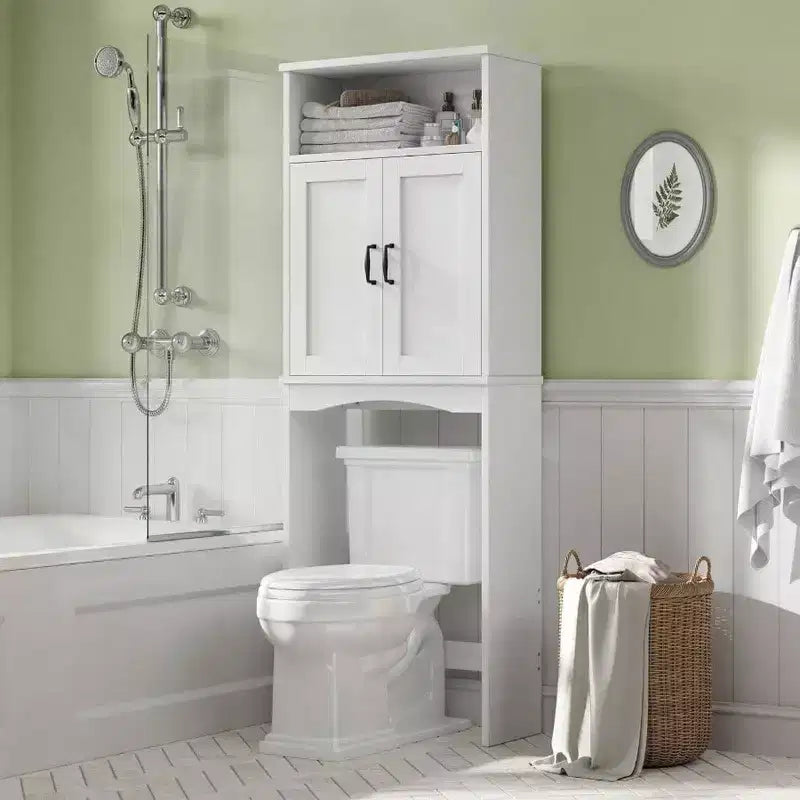 Armario de almacenamiento para colocar sobre el inodoro, estante para ahorrar espacio, organizador de baño blanco con estante ajustable y puertas dobles