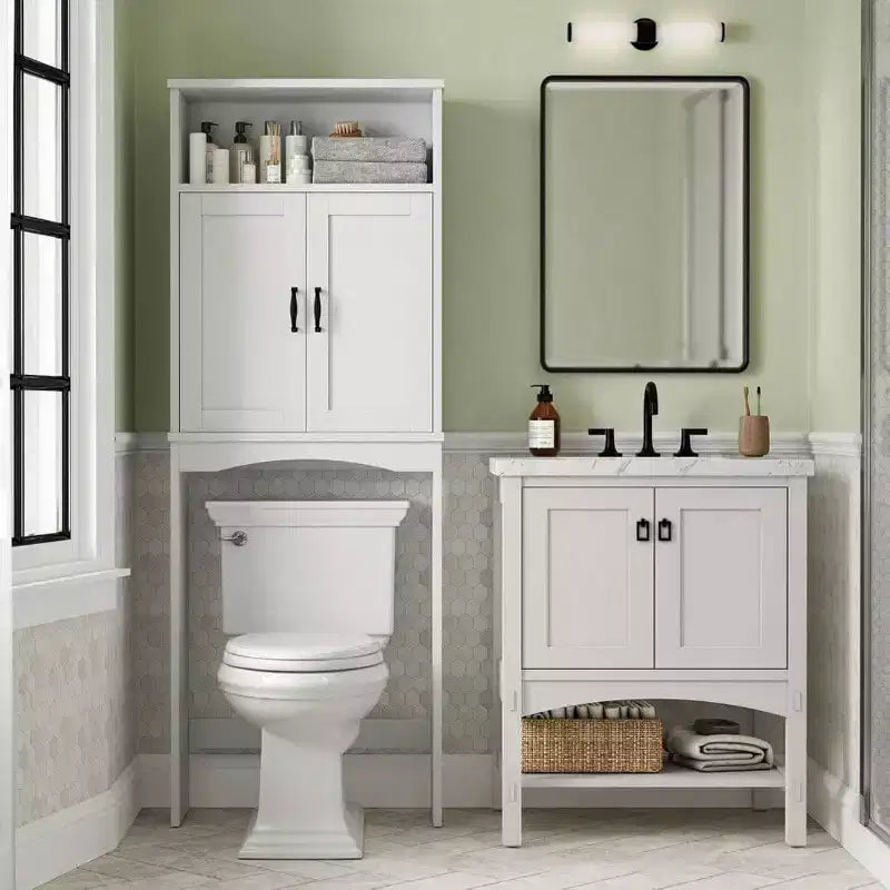 Armario de almacenamiento para colocar sobre el inodoro, estante para ahorrar espacio, organizador de baño blanco con estante ajustable y puertas dobles