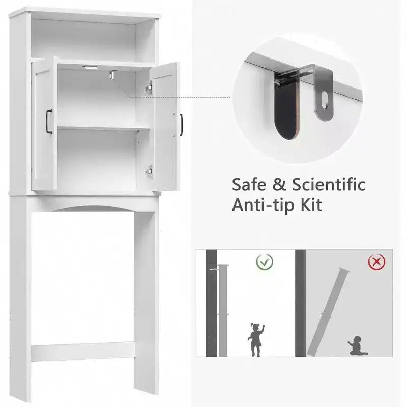 Armario de almacenamiento para colocar sobre el inodoro, estante para ahorrar espacio, organizador de baño blanco con estante ajustable y puertas dobles