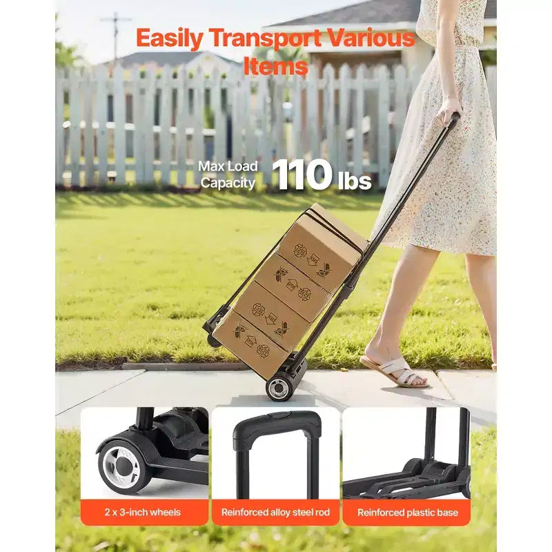 VEVOR Carretilla Plegable, Capacidad de Carga de 110 lbs, Carro Plegable para Equipaje con 2 Ruedas y 1 Cuerda Elástica, Carro de Plataforma Multiusos, Negro