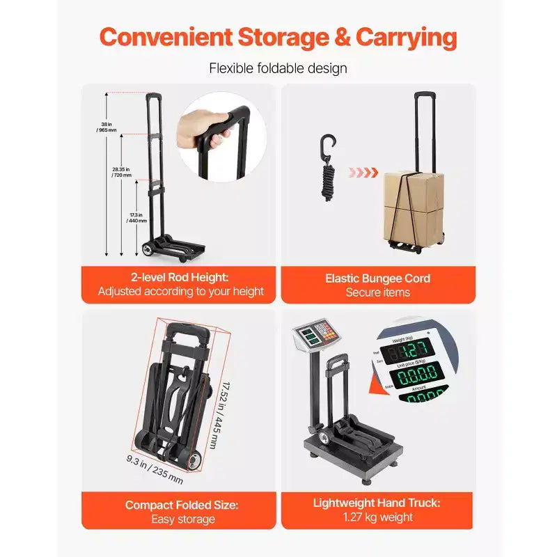 VEVOR Carretilla Plegable, Capacidad de Carga de 110 lbs, Carro Plegable para Equipaje con 2 Ruedas y 1 Cuerda Elástica, Carro de Plataforma Multiusos, Negro