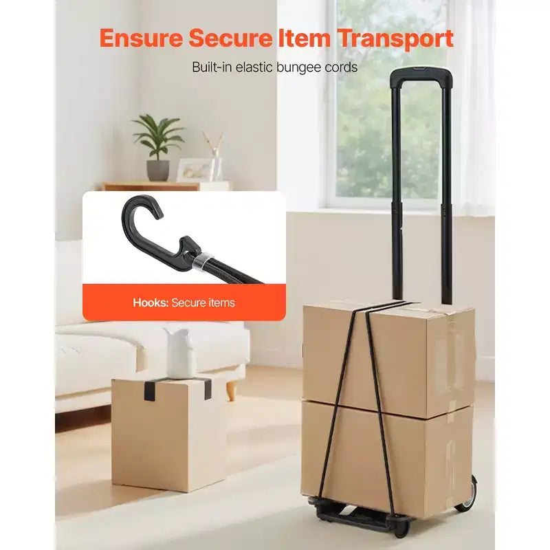 VEVOR Carretilla Plegable, Capacidad de Carga de 110 lbs, Carro Plegable para Equipaje con 2 Ruedas y 1 Cuerda Elástica, Carro de Plataforma Multiusos, Negro