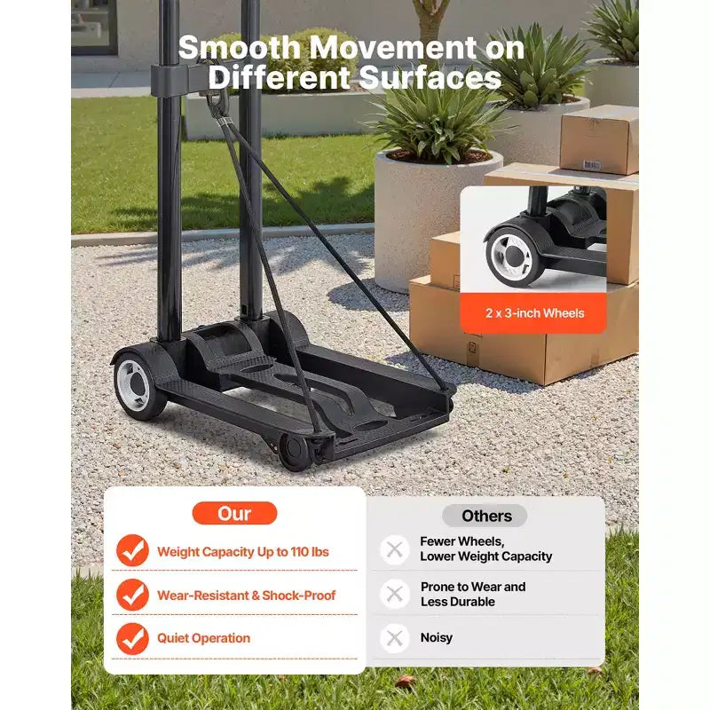 VEVOR Carretilla Plegable, Capacidad de Carga de 110 lbs, Carro Plegable para Equipaje con 2 Ruedas y 1 Cuerda Elástica, Carro de Plataforma Multiusos, Negro