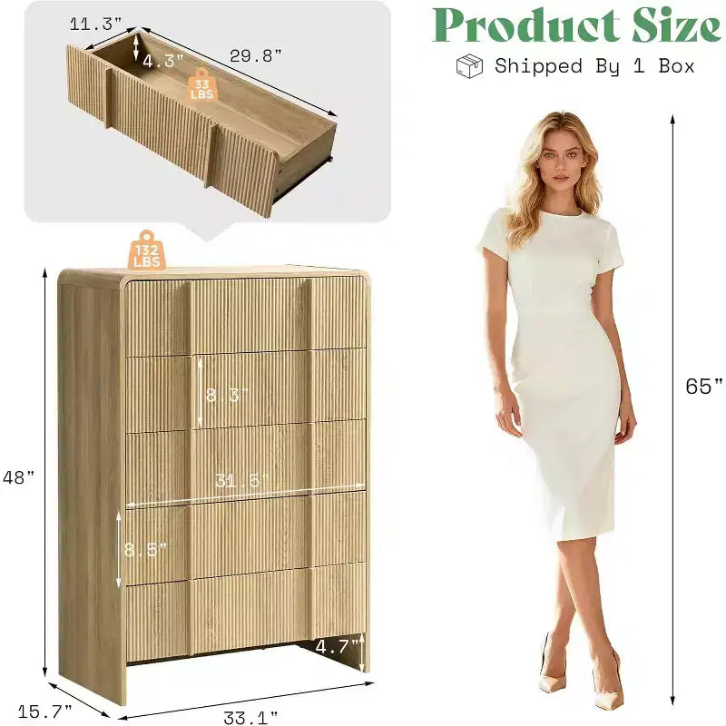 AMERLIFE Cómoda moderna estriada con tiradores de pino, esquinas redondeadas y antivuelco, organizador de almacenamiento de madera de 48 para salón