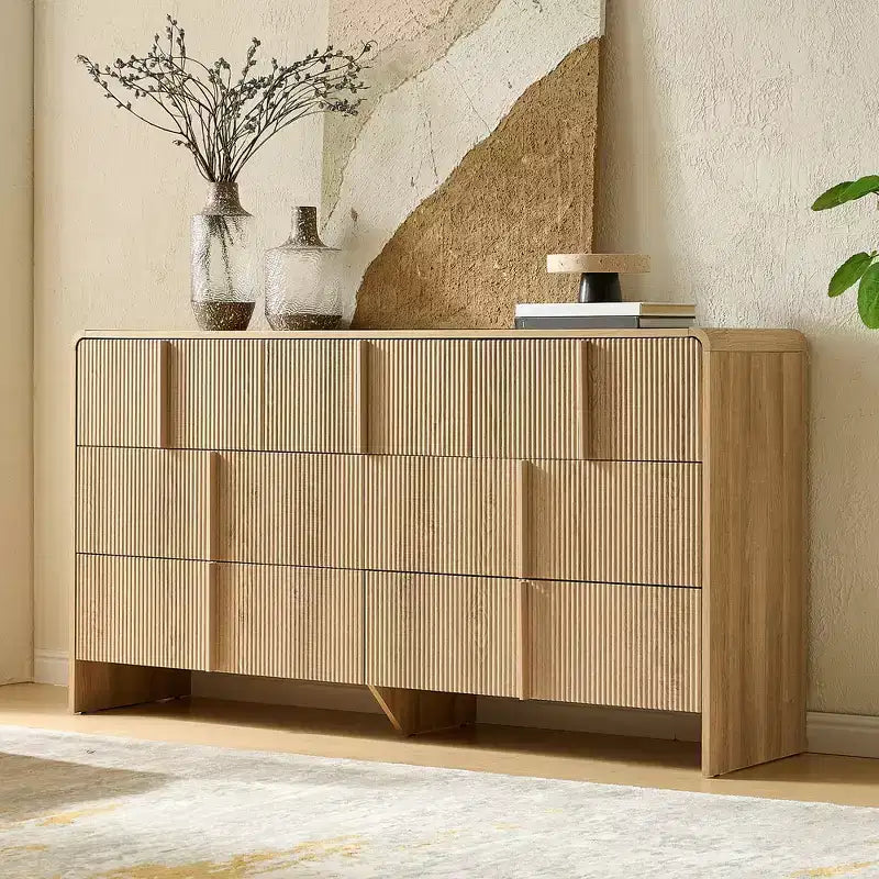 AMERLIFE Cómoda moderna estriada con tiradores de pino, esquinas redondeadas y antivuelco, organizador de almacenamiento de madera de 48 para salón
