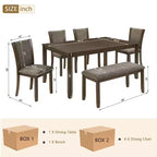 Juego de comedor de 6 piezas GDFStudio Eira Farmhouse con mesa rectangular de madera de caucho, 1 banco y 4 sillas tapizadas en lino