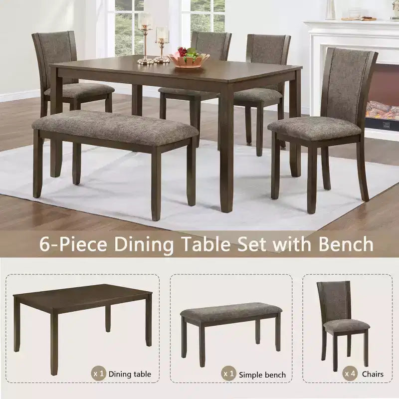 Juego de comedor de 6 piezas GDFStudio Eira Farmhouse con mesa rectangular de madera de caucho, 1 banco y 4 sillas tapizadas en lino