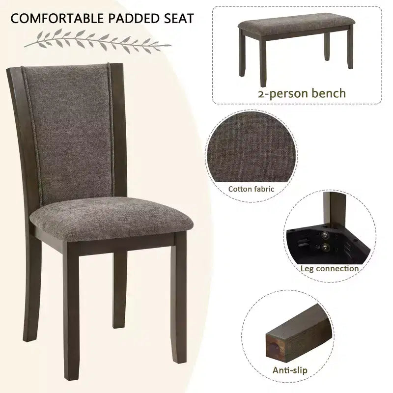Juego de comedor de 6 piezas GDFStudio Eira Farmhouse con mesa rectangular de madera de caucho, 1 banco y 4 sillas tapizadas en lino