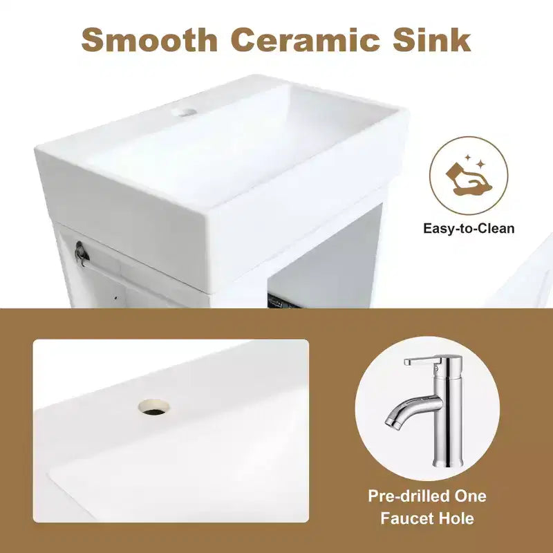 MAYEERTY 20 Tocador de baño Lavabo de cerámica Cajón de almacenamiento de MDF Estante lateral Tirador dorado Baño pequeño