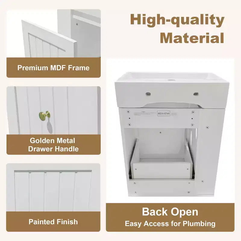 MAYEERTY 20 Tocador de baño Lavabo de cerámica Cajón de almacenamiento de MDF Estante lateral Tirador dorado Baño pequeño