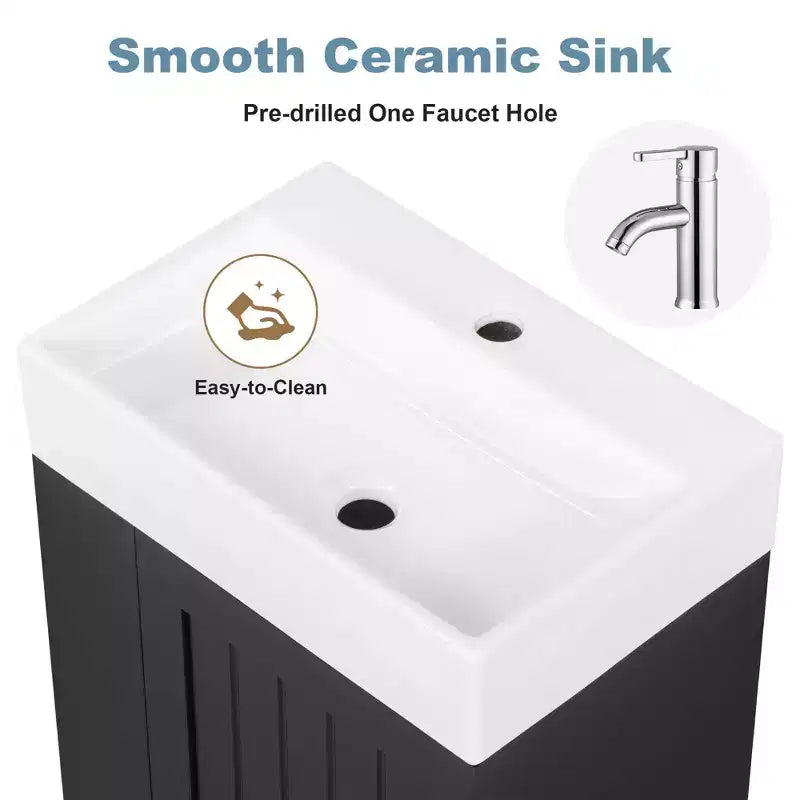 MAYEERTY 20 Tocador de baño Lavabo de cerámica Cajón de almacenamiento de MDF Estante lateral Tirador dorado Baño pequeño