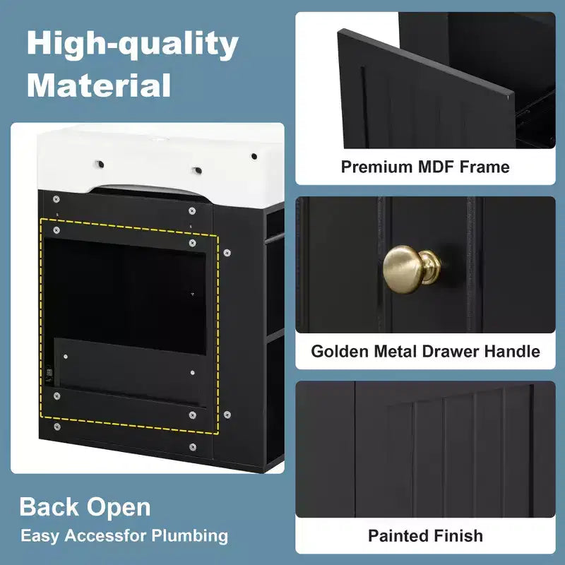 MAYEERTY 20 Tocador de baño Lavabo de cerámica Cajón de almacenamiento de MDF Estante lateral Tirador dorado Baño pequeño