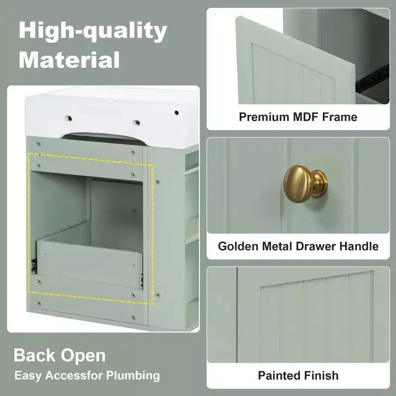 MAYEERTY 20 Tocador de baño Lavabo de cerámica Cajón de almacenamiento de MDF Estante lateral Tirador dorado Baño pequeño
