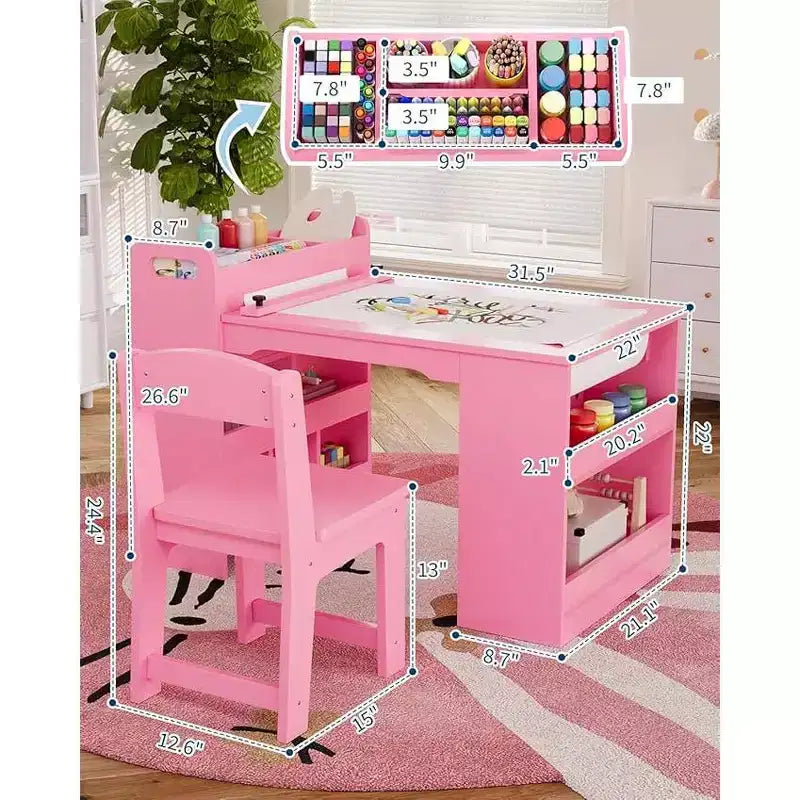 Mesa de arte para niños, escritorio de manualidades grande para niños con 2 sillas, escritorio de arte multifuncional con estantes de almacenamiento para habitación infantil, guardería, sala de juegos, escuela