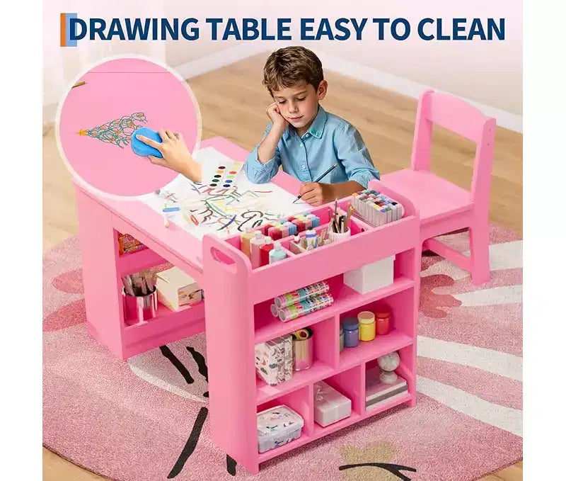 Mesa de arte para niños, escritorio de manualidades grande para niños con 2 sillas, escritorio de arte multifuncional con estantes de almacenamiento para habitación infantil, guardería, sala de juegos, escuela