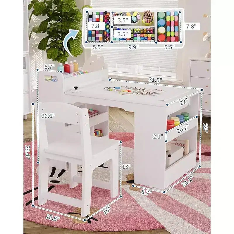 Mesa de arte para niños, escritorio de manualidades grande para niños con 2 sillas, escritorio de arte multifuncional con estantes de almacenamiento para habitación infantil, guardería, sala de juegos, escuela