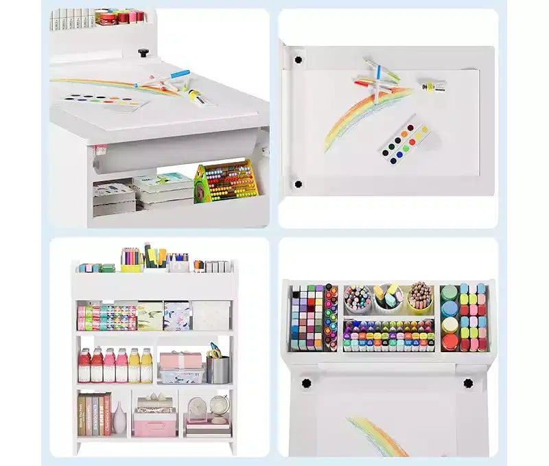 Mesa de arte para niños, escritorio de manualidades grande para niños con 2 sillas, escritorio de arte multifuncional con estantes de almacenamiento para habitación infantil, guardería, sala de juegos, escuela