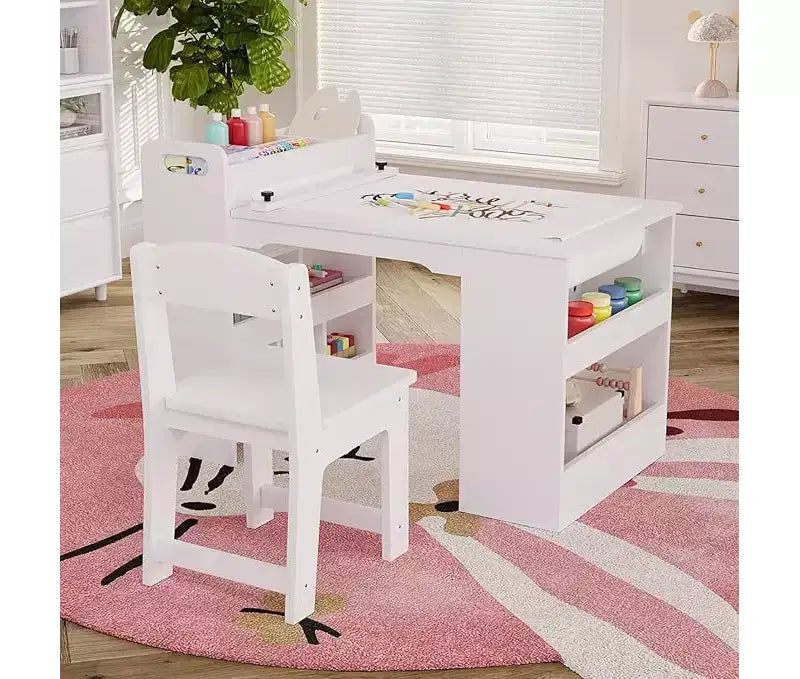 Mesa de arte para niños, escritorio de manualidades grande para niños con 2 sillas, escritorio de arte multifuncional con estantes de almacenamiento para habitación infantil, guardería, sala de juegos, escuela
