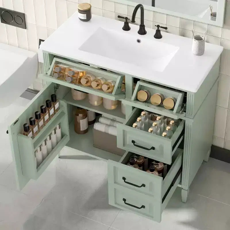 MAYEERTY 36" Tocador de Baño con Lavabo Madera Maciza Blanca Cajón Abatible 3 Cajones 2 Puertas Asas Metálicas Negras MDF