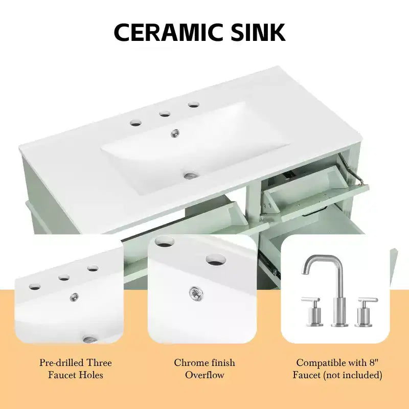 MAYEERTY 36" Tocador de Baño con Lavabo Madera Maciza Blanca Cajón Abatible 3 Cajones 2 Puertas Asas Metálicas Negras MDF