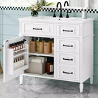 MAYEERTY 36" Tocador de Baño con Lavabo Madera Maciza Blanca Cajón Abatible 3 Cajones 2 Puertas Asas Metálicas Negras MDF