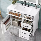 MAYEERTY 36" Tocador de Baño con Lavabo Madera Maciza Blanca Cajón Abatible 3 Cajones 2 Puertas Asas Metálicas Negras MDF