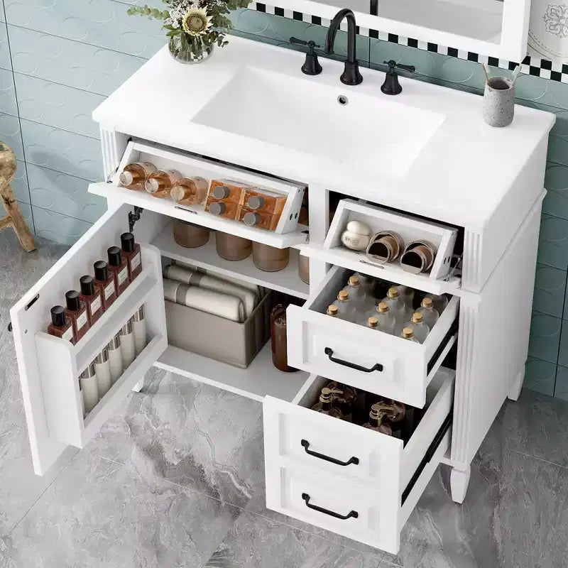 MAYEERTY 36" Tocador de Baño con Lavabo Madera Maciza Blanca Cajón Abatible 3 Cajones 2 Puertas Asas Metálicas Negras MDF