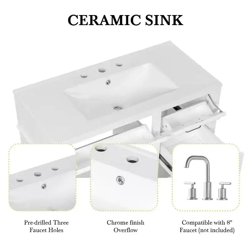 MAYEERTY 36" Tocador de Baño con Lavabo Madera Maciza Blanca Cajón Abatible 3 Cajones 2 Puertas Asas Metálicas Negras MDF