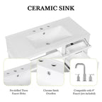 MAYEERTY 36" Tocador de Baño con Lavabo Madera Maciza Blanca Cajón Abatible 3 Cajones 2 Puertas Asas Metálicas Negras MDF