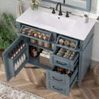 MAYEERTY 36" Tocador de Baño con Lavabo Madera Maciza Blanca Cajón Abatible 3 Cajones 2 Puertas Asas Metálicas Negras MDF