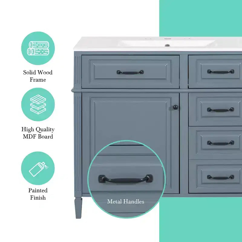 MAYEERTY 36" Tocador de Baño con Lavabo Madera Maciza Blanca Cajón Abatible 3 Cajones 2 Puertas Asas Metálicas Negras MDF