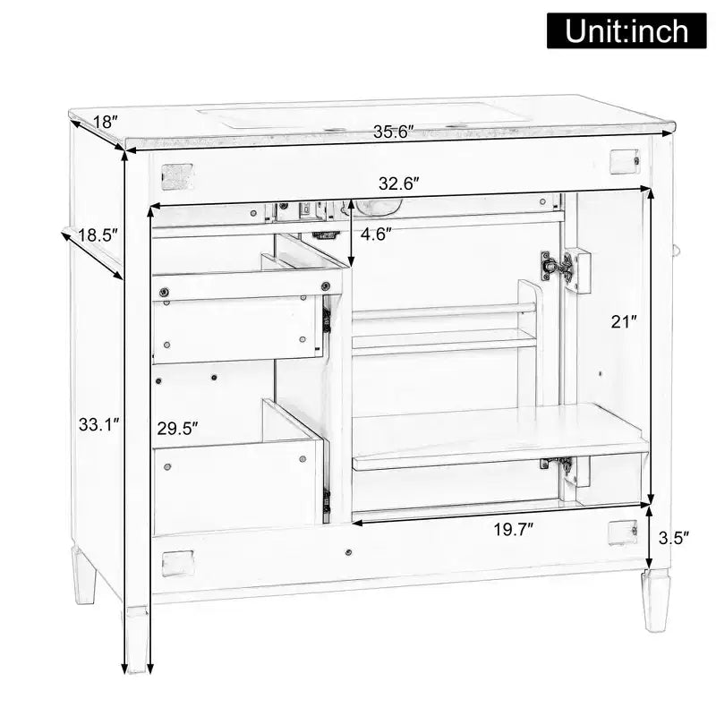 MAYEERTY 36" Tocador de Baño con Lavabo Madera Maciza Blanca Cajón Abatible 3 Cajones 2 Puertas Asas Metálicas Negras MDF